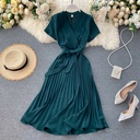 Plain satin V-neck dress with a defined waist and knee-length pleated skirt