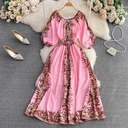 A-line dress featuring a round neckline, puffed sleeves, and a defined waist for an elegant silhouette