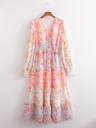 A long printed dress featuring stitching details inspired by European elegance