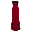 A strapless evening gown with a fitted silhouette and a fishtail hem