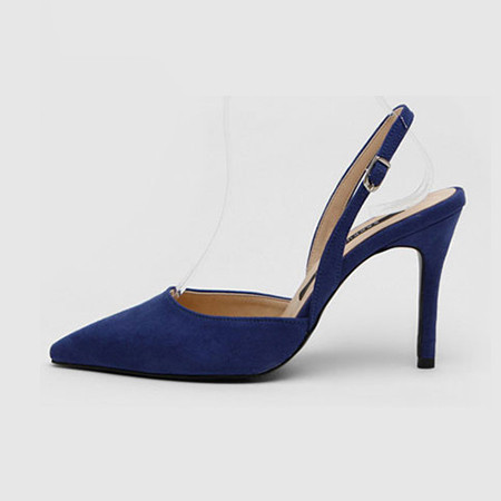 European-style suede stiletto sandal with a pointed toe and ankle strap.