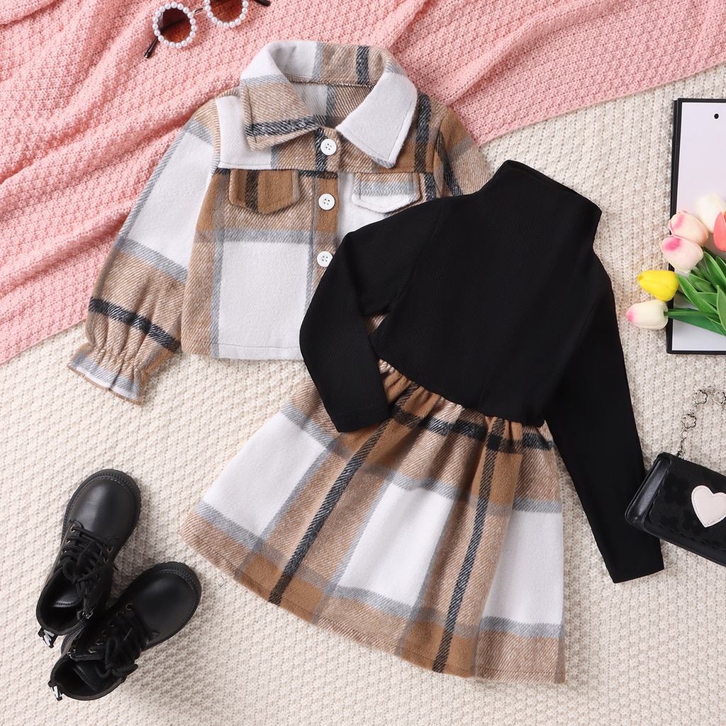 Girls' Two-Piece Set – Plaid Turtleneck Dress with Matching Plaid Jacket
