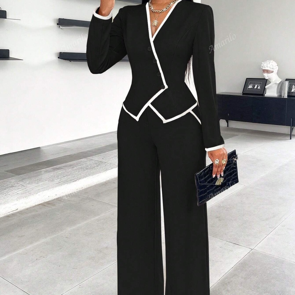 Single-Breasted Blazer Set with Contrast Trim and Matching Pants