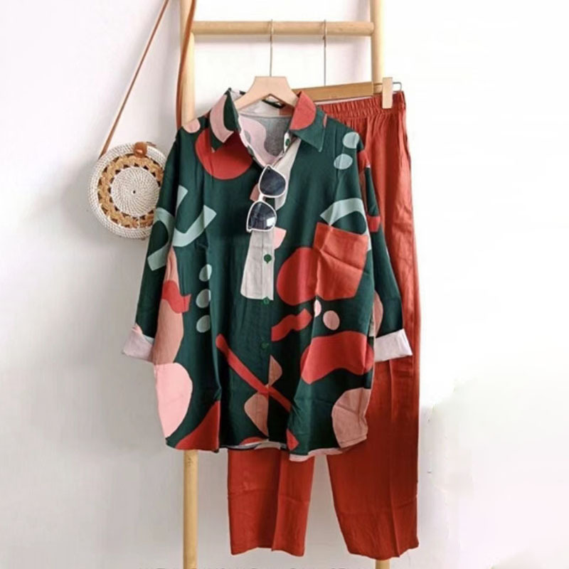 Oversized Loose Fit Printed Lapel Cardigan Set