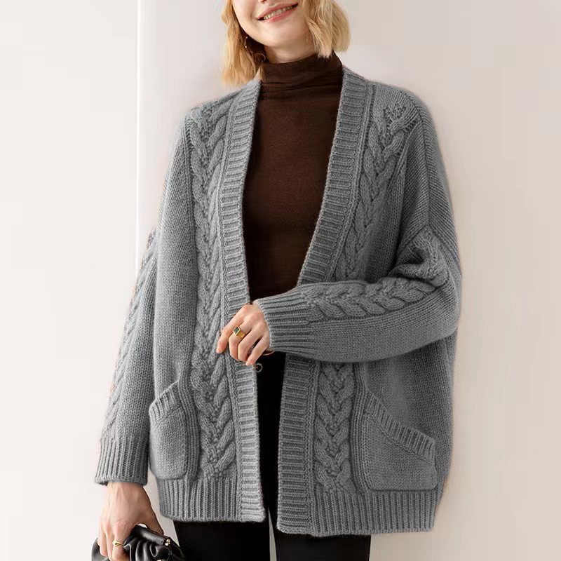 Knitted Mid-Length Jacket with Loose Fit and Elegant V-Neck Twist Detail