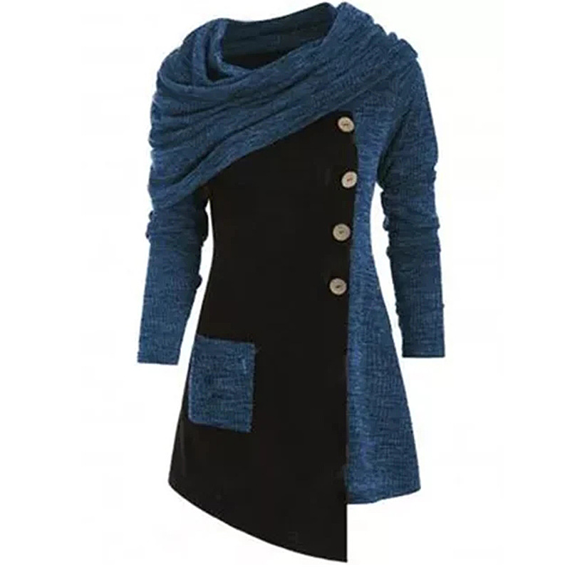 Women’s Blouse with Hood, Piled Collar, Button Decoration, and Stitching Detail