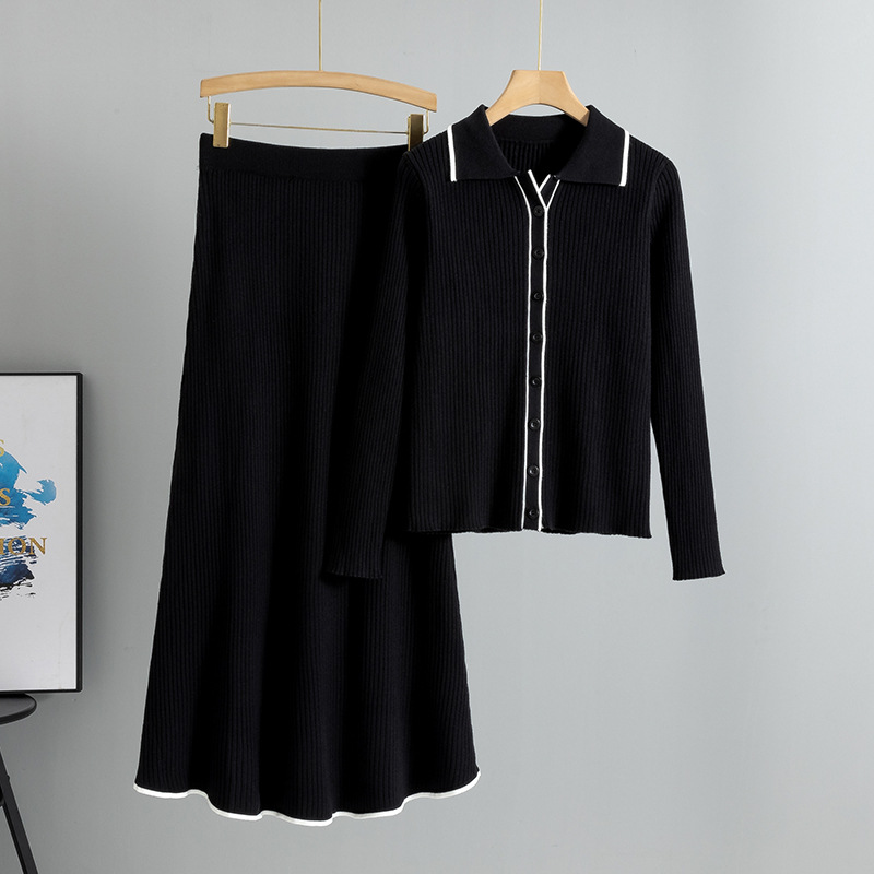 طقم نسائي أنيق مكون من قطعتين – كارديغان محبوك ضيق مع تنورة