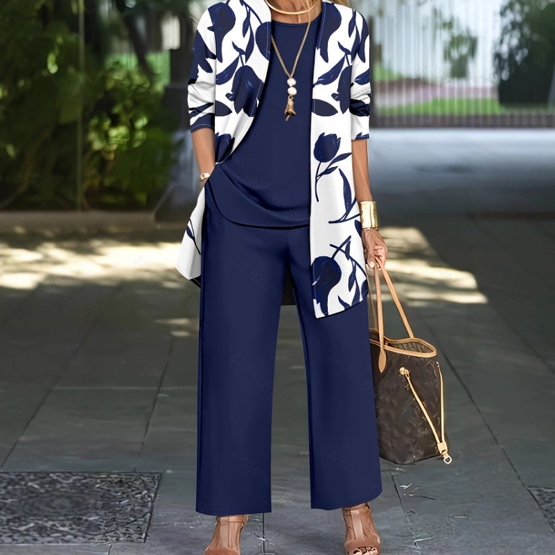 Elegant Women’s Three-Piece Set – Coat, Blouse, and Pants