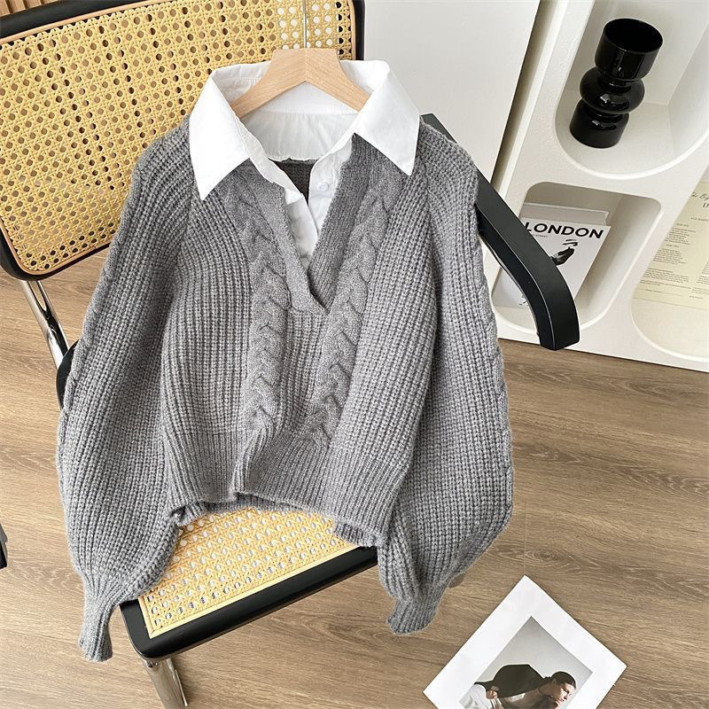 Women's Blouse with Fake Two-Piece Design