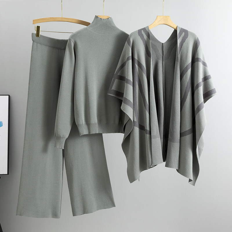 Elegant Three-Piece Set – Knitted Sweater, Shawl, and Wide-Leg Pants