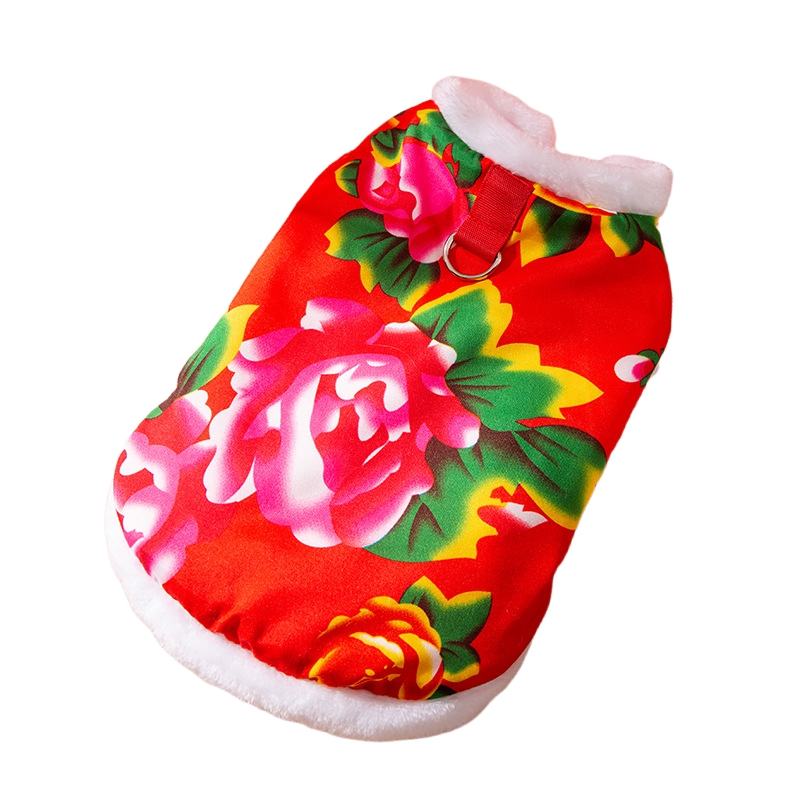 Winter Warm Dog Vest with D-Ring – Plush-Lined Jacket with Bold Floral Patterns