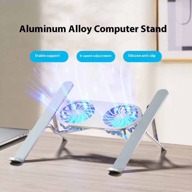 Foldable aluminum laptop stand with adjustable height and dual cooling fans