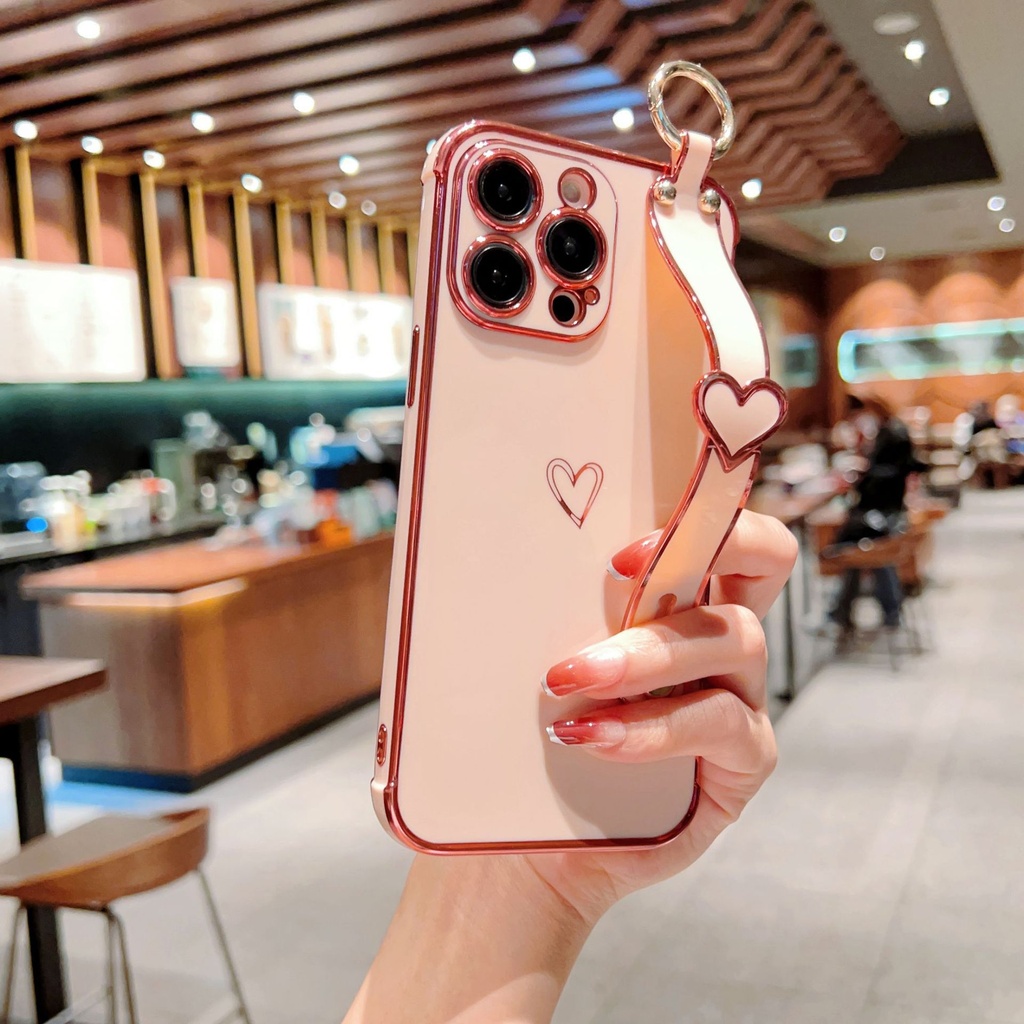 Electroplated Hollow Heart Phone Case with Wrist Strap