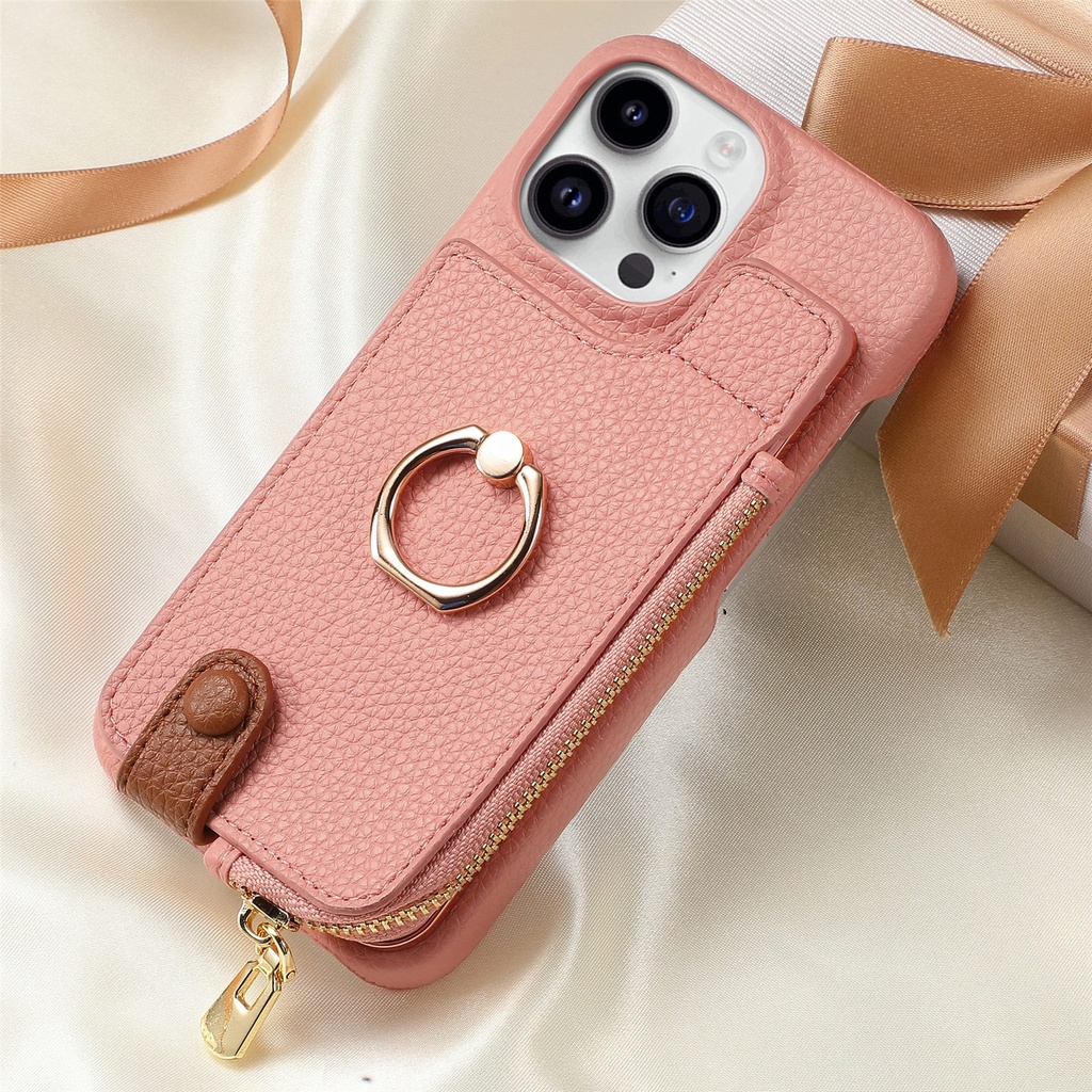 Suitable for iPhone 16 – Phone Case with Ring Stand, Zipper Card Holder