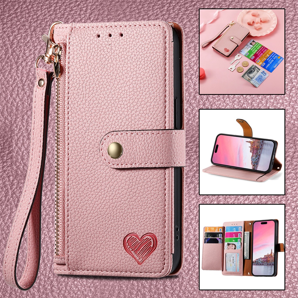 Love Sleeve PU Lychee-Texture Phone Case with RFID Anti-Theft Protection and Lanyard