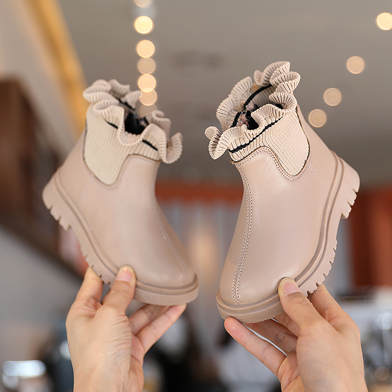 Girls’ High-Leg Martin Boots with an Elegant Microfiber Design and Knitted Finish