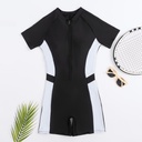 One-piece swimsuit with short sleeves and a boxer-style design