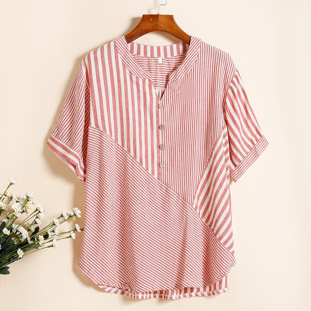 Elegant Plus-Size Women's Shirt Blouse Made from a Cotton-Linen Blend, Featuring a Stylish Design and a V-Neckline 