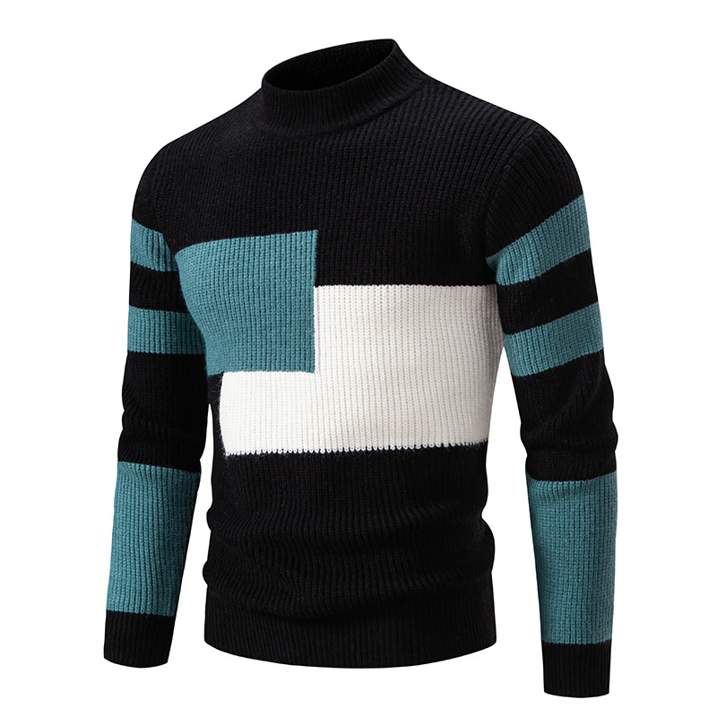 Men's Half-high Collar Contrast Color Pullover Knitwear Korean Youth Fashion Casual Top