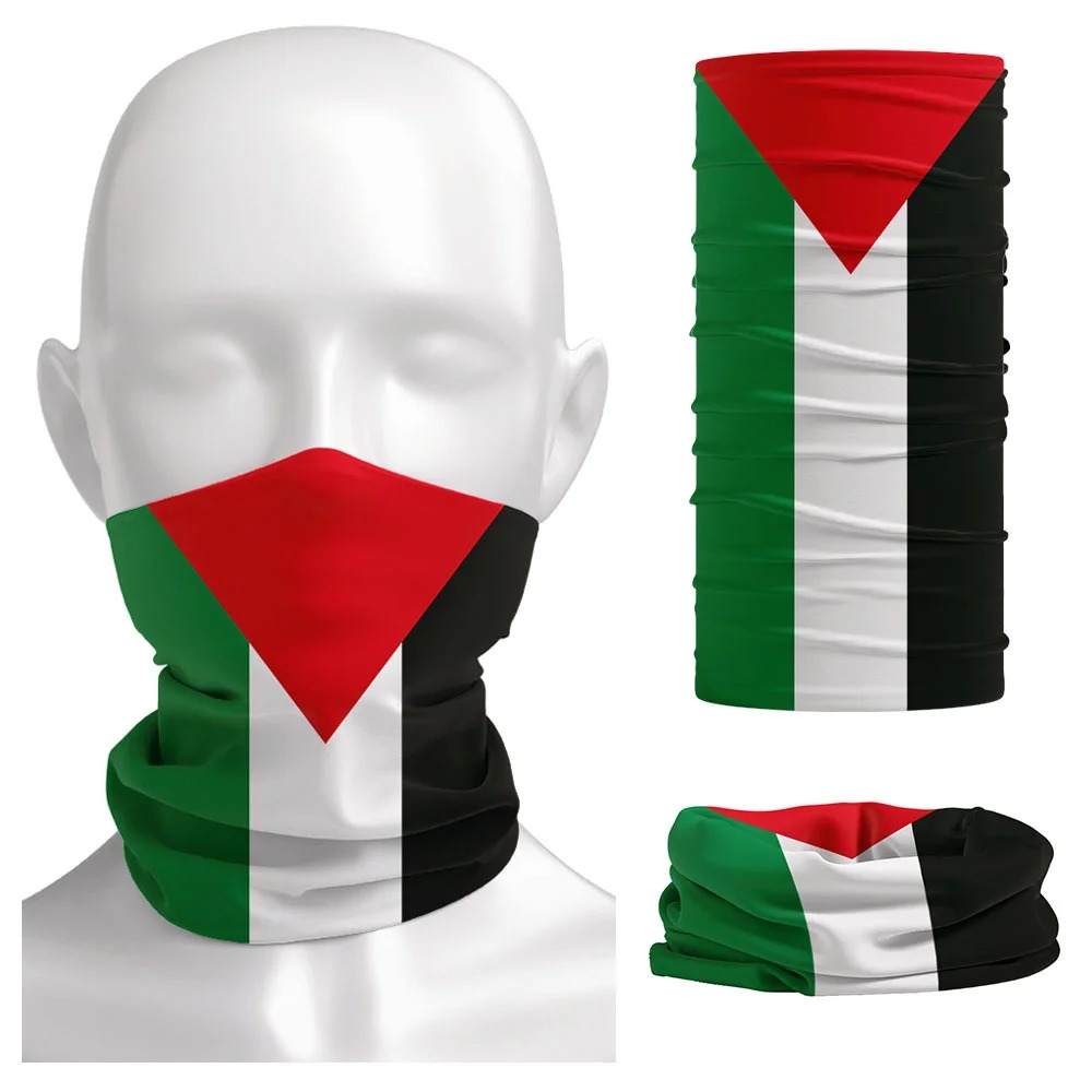 A versatile scarf and face cover with the design of the Palestinian flag 