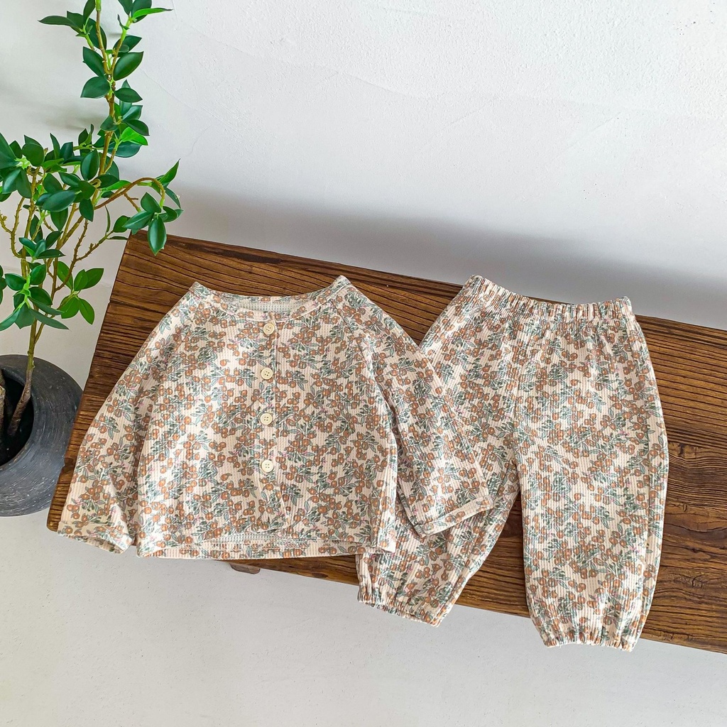 A two-piece pajama set with a modern waffle pattern design 