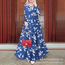 Muslim Round Neck Leaf Print Lace-up Large Swing Dress