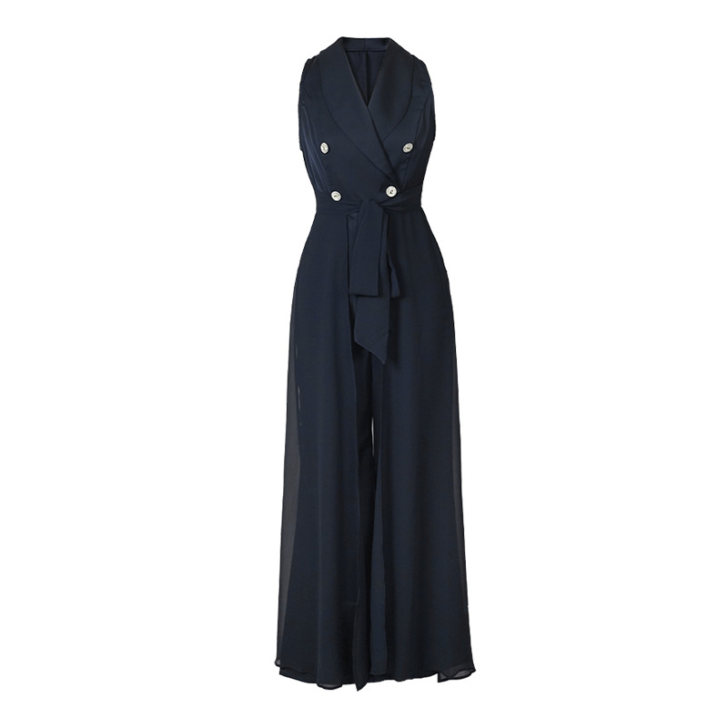 Female Suit Collar Fake Two-piece Jumpsuit Wide Leg Pants High Waist Trousers