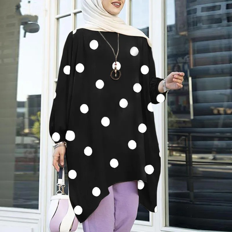 Polka Dot Fabric Women's Cuff Elastic Band Round Neck Pullover