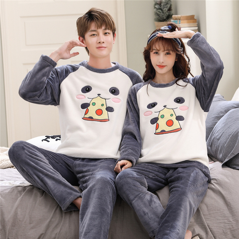 Couple Coral Velvet Pajamas Autumn And Winter Fleece-lined Thickened Cartoon Loose And Warm