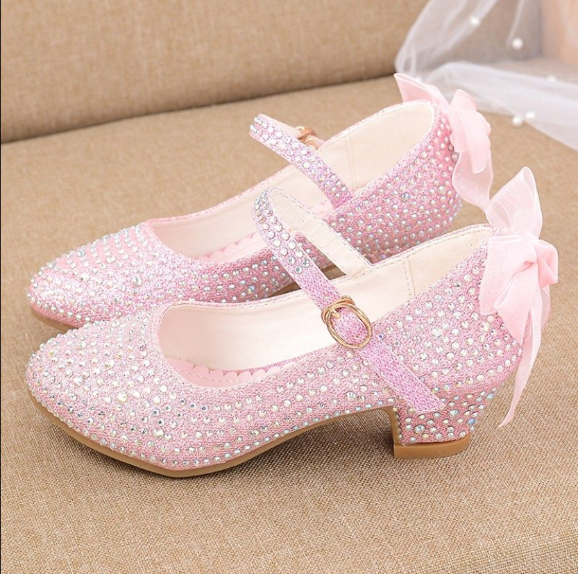 Girls' Leather Shoes Autumn New Bright Diamond High Heeled Shoes Performance Dance Flower Children Silver Medium And Large Children's High Heeled Shoes
