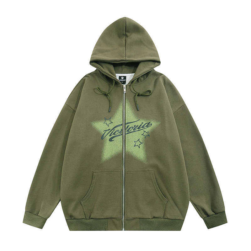 Street American Five-pointed Star Printing Hooded Cardigan Sweater Men
