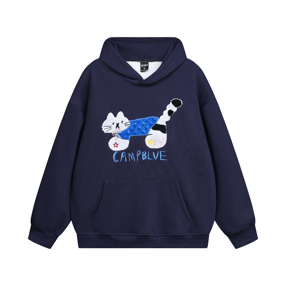 American High Street Flocking Embroidered Kitten Loose Hooded Sweater Men