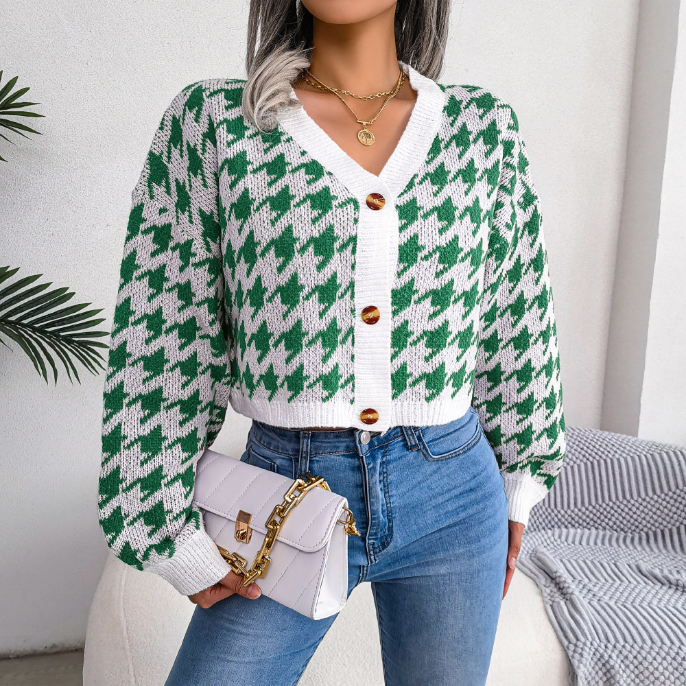 Ins Casual Lantern Long Sleeve Thousand Bird Check Cardigan Sweater