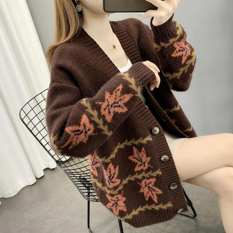 Maple Leaf Jacquard Knitted Cardigan Women's Loose Sweater