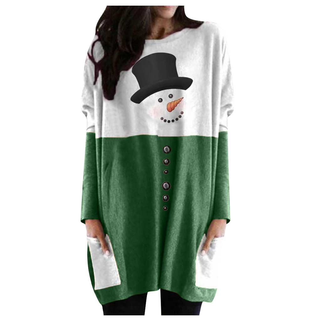 Stand-Alone Snowman Print Long Sleeve Pocket Long T-Shirt