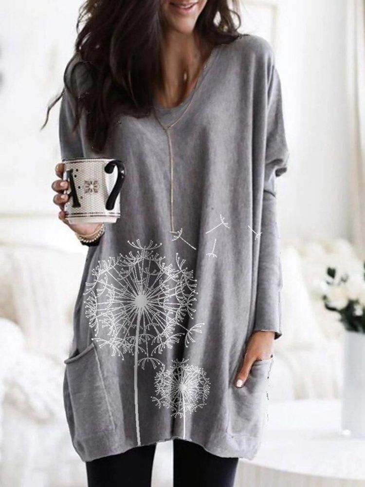 Round Neck Printed Long-sleeved Blouse Sweater T-shirt Women