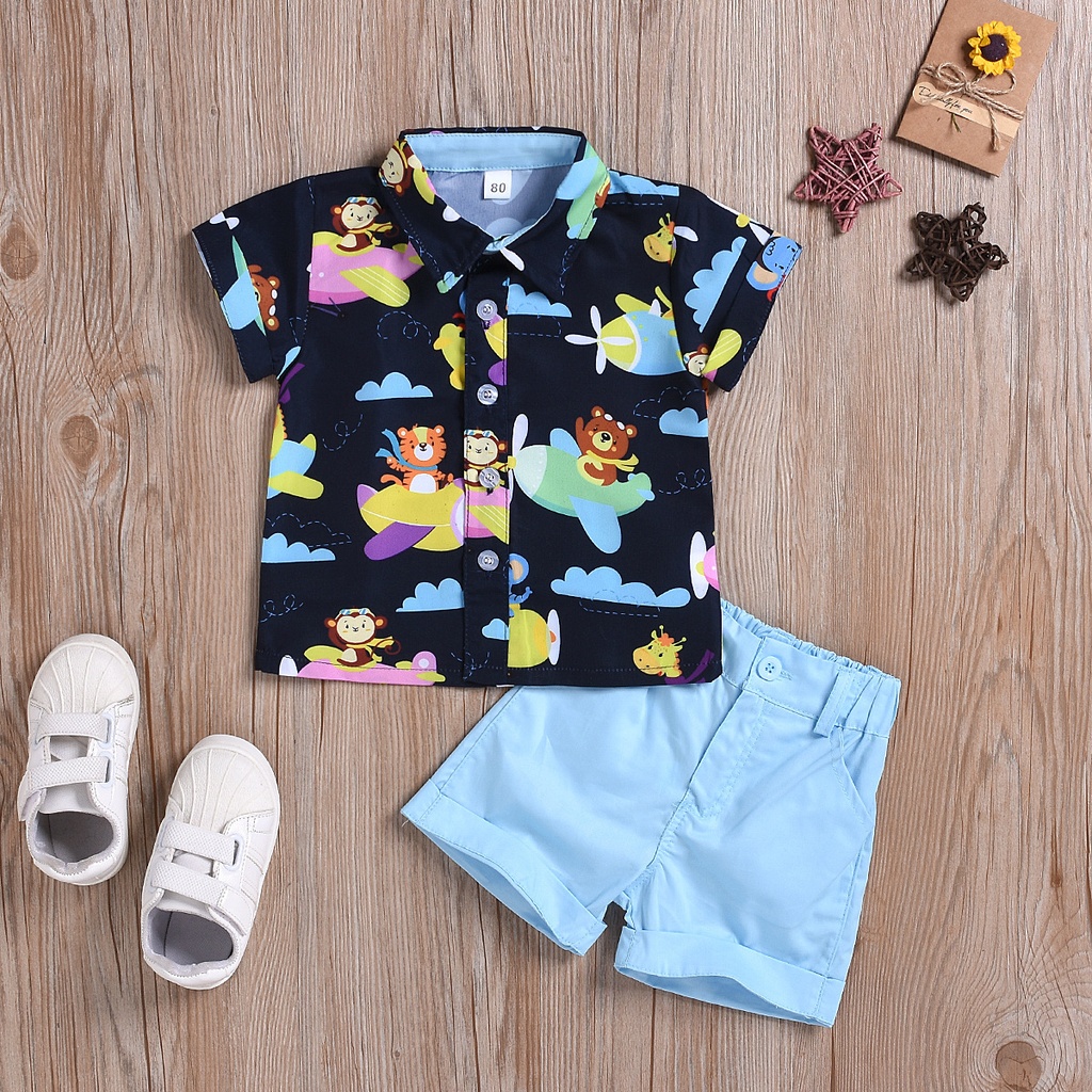 Cartoon Print Short Sleeve Shirt And Casual Shorts Set