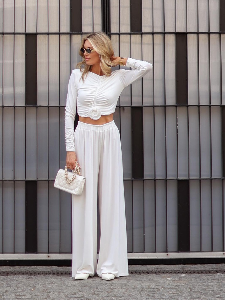Casual Pleated Floral Long-sleeved Top & Pants Suit