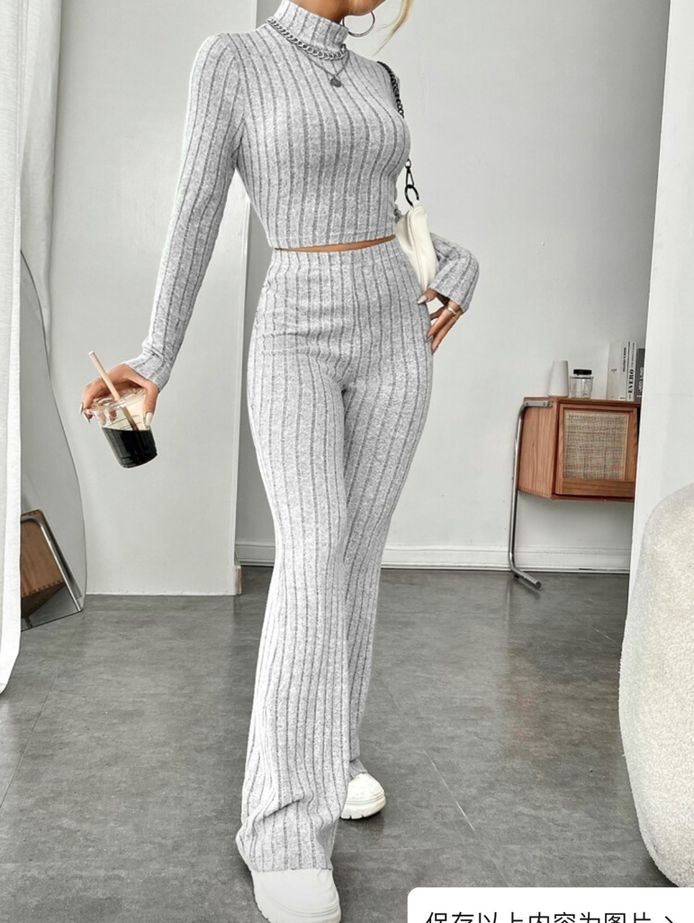 Women's two-piece set: long-sleeve blouse with round neck and high-waist pants