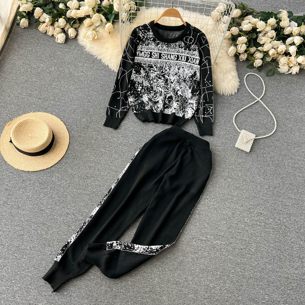 Knitted Casual Leggings Round Neck Loose Letter Printed Sweater