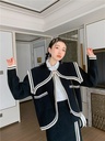 Women's Contrast Color Sweater Coat Midi Skirt Suit