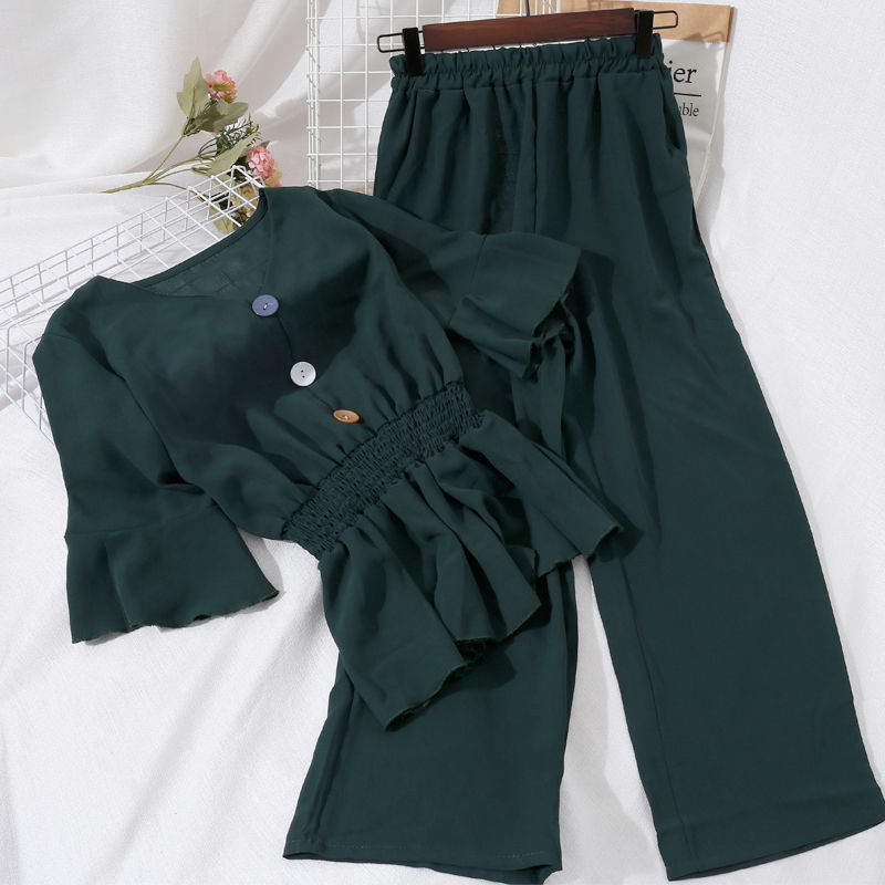V-neck Waisted Ruffled Blouse, High-waisted Wide-leg Pants Suit