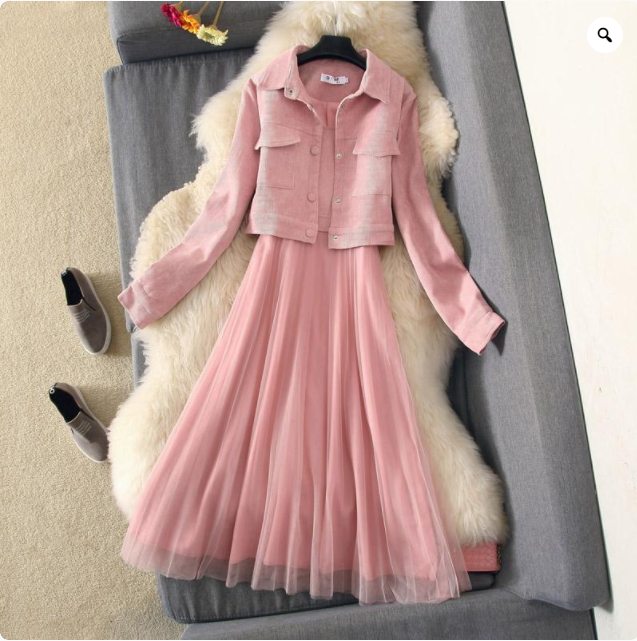 Temperament Fashion Mesh Dress Jacket Two-piece Suit