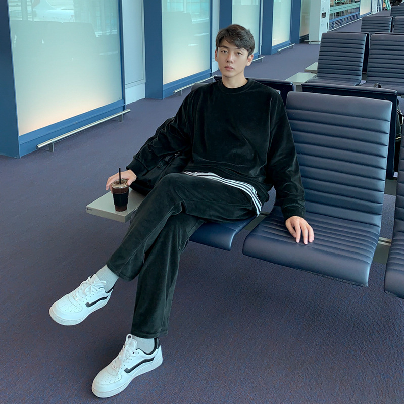 Solid Color Sweater Suit Men's Set With Casual Sports Outer