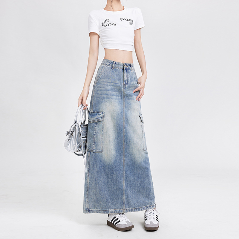 Women's A- Line Denim Skirt Fashion Wash Long Skirt