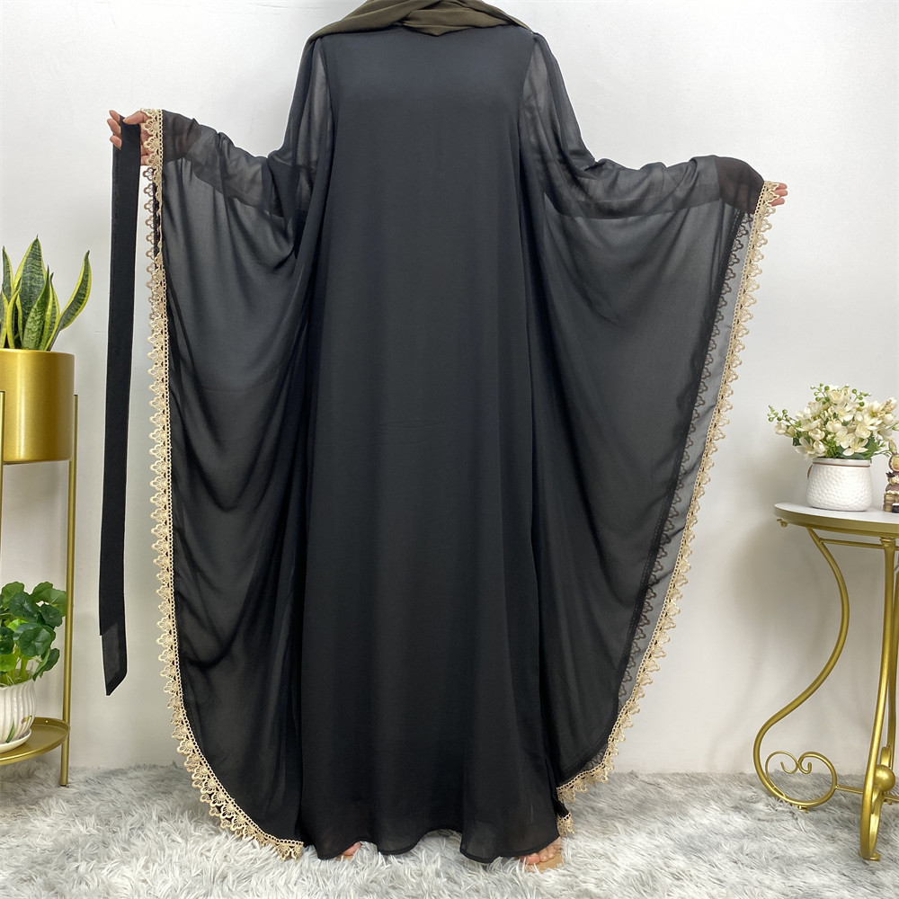 عباءة طويلة الأكمام مع تطريز ورباط للسيدات
