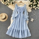 Gentle Temperament Square Neck Lantern Sleeve Plaid Dress