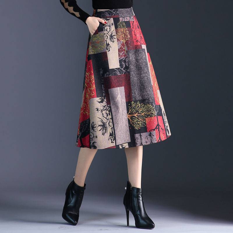 Mid Length High Waist Skirt Woolen Plaid