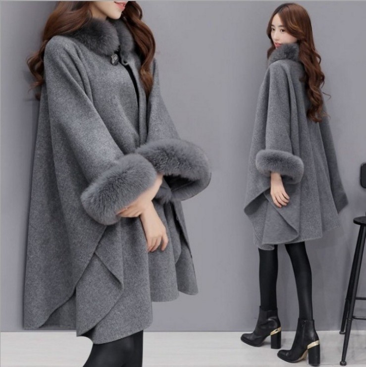 Fox Fur Collar Mid-length Woolen Coat