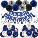 A dark blue birthday party set including decorative flags, paper flowers, and colorful balloons, perfect for celebrating birthdays or welcoming a newborn 
